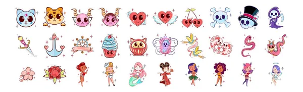 Set Group Cute Small Kawaii Tatoo Vector Illustration — Archivo Imágenes Vectoriales