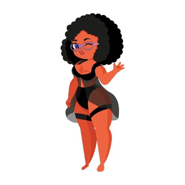 Isolated Curly Hair Brunette Big Hip Body Positive Vector Illustration — Stock Vector