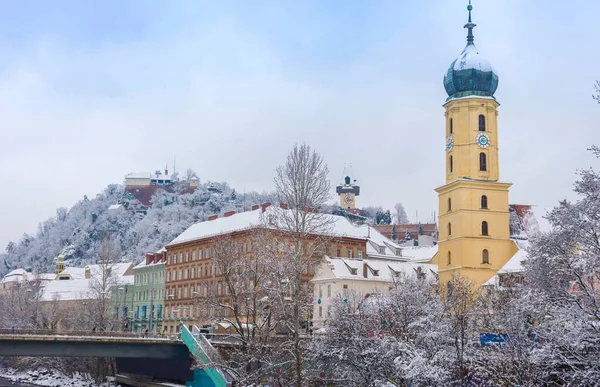 Mur River Franciscan Church Tower Famous Clock Tower Background City — Stockfoto