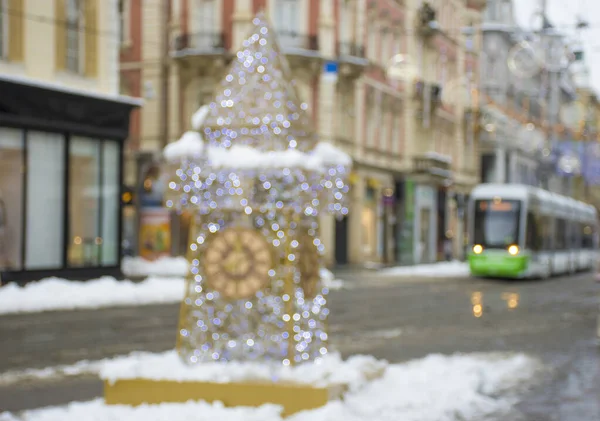 Blurred Christmas Lights Famous Clock Tower Herrengasse Street City Center — Stockfoto