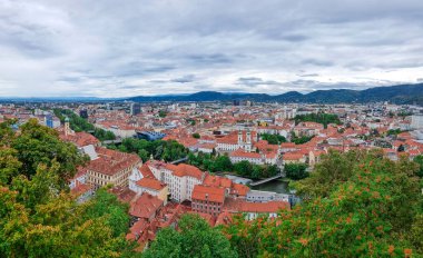 Beautiful view over the old city center of Graz, with Mariahilfer church and historic buildings, in Styria region, Austria