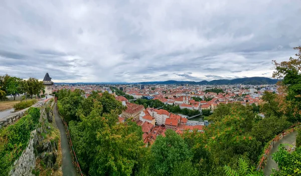 Cityscape Old Town Graz Clock Tower Grazer Uhrturm Famous Tourist — Stockfoto