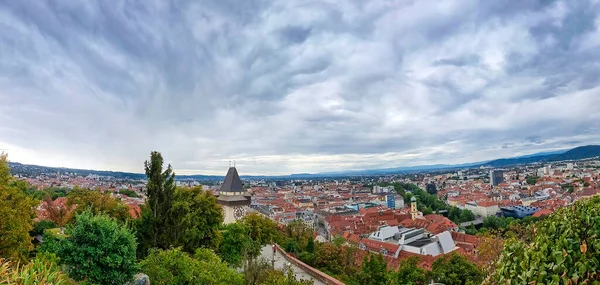 Cityscape Old Town Graz Clock Tower Grazer Uhrturm Famous Tourist — Stockfoto