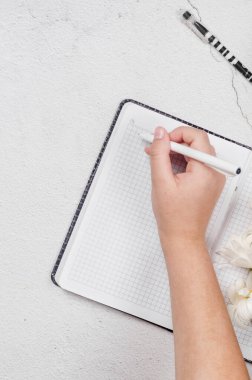 Boş defter, bir kadının elinde kalem, papatya, şablon, düzen, model, evden ya da blog konseptinden çalışma, sosyal medya paylaşımı