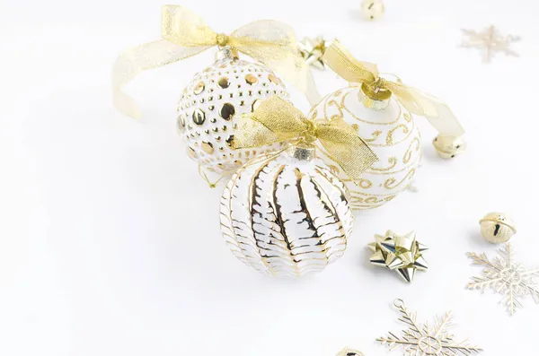 Christmas Set Retro Balls Gold White Colors Traditional Decorations White Stock Image