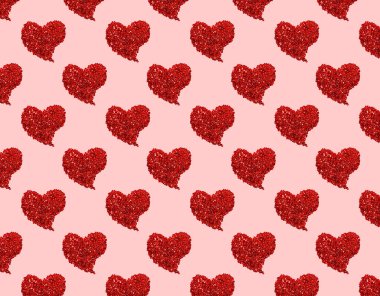 Sevgililer Günü tatili. Kırmızı kalpler. Pembe arka planda kalpler ve konfeti olan kusursuz bir desen. Paketleme, kumaş, düğün, duvar ve yüzey dekorasyonu için şenlikli tasarımlar. 
