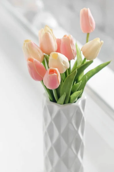 Beautiful Pastel Tulips Bouquet White Ceramik Vase Window Spring Holiday — стоковое фото