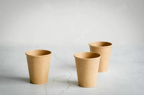 Empty Three Craft Paper Disposable Cups Mock Delivery Food Concept — Stock Fotó