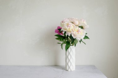 Vazoda çiçek açan bir sürü taze beyaz şakayık ve fotokopi alanı olan beyaz bir arka plan. Çiçek açan minimalist çiçeklerle dolu bir hayat. şenlikli arkaplan
