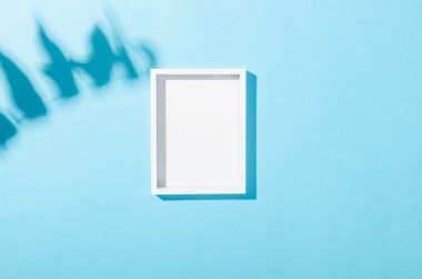 Blank white frame with shadow of leaves on blue background. Elegant modern template for branding identity. Minimal nature background for summer concept. Flat lay, top view.