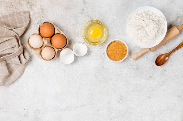 Baking Homemade Cookies Gray Kitchen Worktop Ingredients Flour Eggs Sugar — Stockfoto