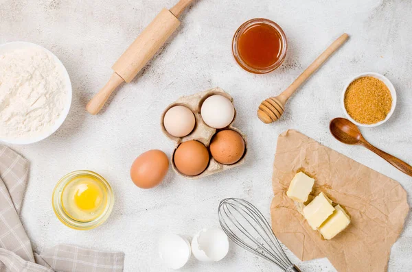 Baking Homemade Cookies Gray Kitchen Worktop Ingredients Flour Eggs Sugar —  Fotos de Stock