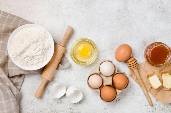 Baking Homemade Cookies Gray Kitchen Worktop Ingredients Flour Eggs Sugar —  Fotos de Stock