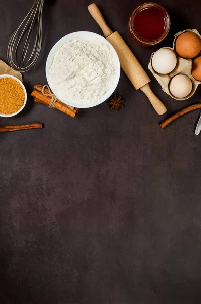 Top View Ingredients Bakery Making Dark Old Table Flour Eggs — Stockfoto