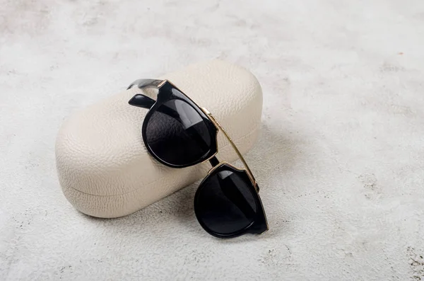 Trendy Black Sunglasses Black Frame Grey Background Still Life Minimal — 图库照片