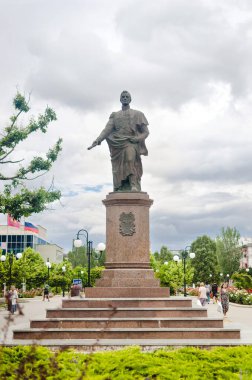 Berdyansk, Ukraine - 23 June 2022: Monument to Count Vorontsov in Berdyansk, Ukraine, on a summer day before a thunderstorm. City under occupation. 