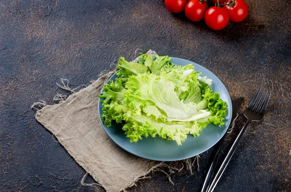 Portion Salad Fresh Leaves Plate Aconkrete Background Fresh Green Lettuce — 图库照片