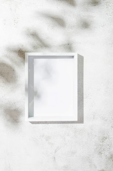 Empty White Frame Blur Shadow Leaves Textured Backgound Minimalist Backdrop — Stockfoto
