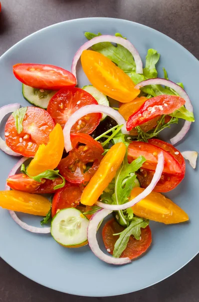 Healthy Salad Red Yellow Cherry Tomato Sesame Parsley Plate Summer — Stockfoto