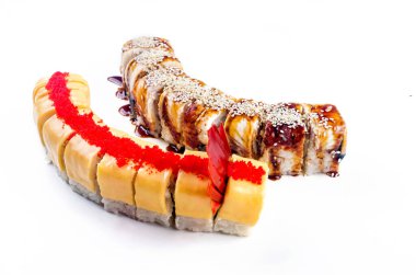 Sushi dragon set mix. Two different dragon sushi rolls on the white background. 