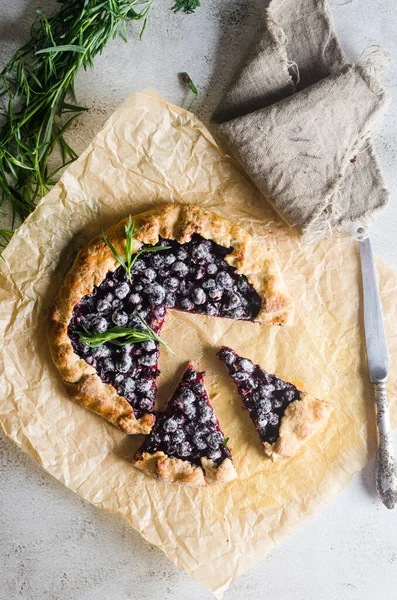 Homemade Blackcurrant Galette Old Concrete Background Open Pie Top View — 스톡 사진