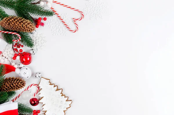 Fundo Decorativo Natal Com Biscoitos Gengibre Presentes Natal Vermelho Branco — Fotografia de Stock