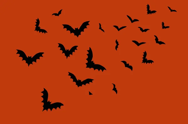 Terroríficos Murciélagos Negros Sobre Fondo Halloween Naranja Oscuro Las Siluetas — Foto de Stock