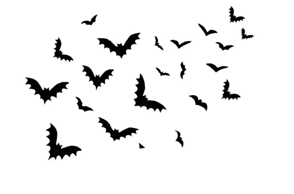 Furchterregende Schwarze Fledermäuse Auf Weißem Halloween Hintergrund Silhouetten Fliegender Fledermäuse — Stockfoto