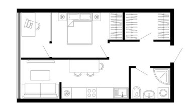 Daire planı. Vektör mimari stüdyo planı.