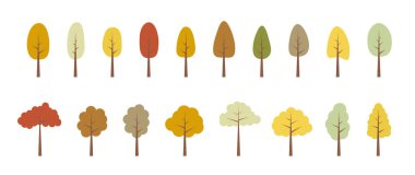 Ağaçlar. Düz sonbahar ağaçları, orman. Koleksiyon elementleri, çeşitli kırmızı, portakal ağaçları. Doğa tasarımı, ormanın düz simgesi. Basit bir illüstrasyon. Minimum şirin doğa simgeleri.