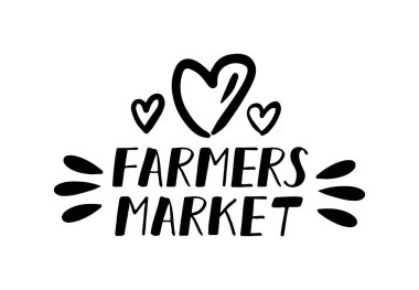 Farmers market hand drawn doodles badges, logo, icon, label. Vector brush lettering typography - farmers market on a white background. Farm market natural organic product brand heart sign symbol.