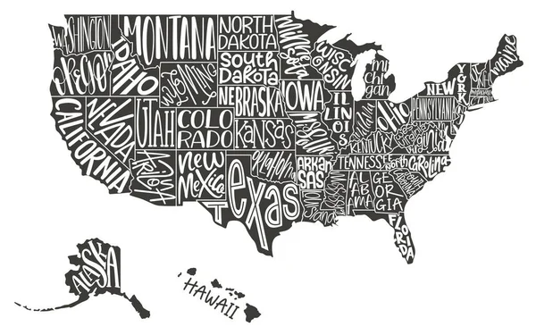 アメリカ合衆国の地図には州名が記載されている アメリカ地図だ 平手描き黒と白のベクトルイラスト 状態テキストでアメリカのタイポグラフィマップをデザインする ポスター バナー Tシャツのためのアメリカ地図 — ストックベクタ