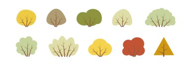 BUSHES. Set of different autumn bush, shrub. Minimal cute nature icons. Flat vector illustration. Collection, various autumn bushes. Nature design icon of forest. Simple autumn illustration.