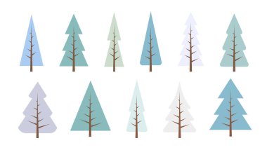 PINE TREES SET. Vector set of flat winter fir, forest. Collection winter trees. Nature design vector icon of pine. Simple christmas wood illustration. Minimal cute nature evergreen trees icon.
