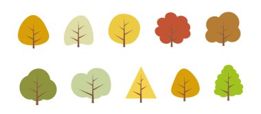 Sonbahar ağaçları. Düz sonbahar ağaçları, orman. Koleksiyon elementleri, çeşitli kırmızı, portakal ağaçları. Doğa tasarımı, ormanın düz simgesi. Basit bir illüstrasyon. Minimum şirin doğa simgeleri.