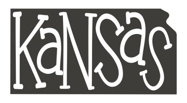 Kansas metin senaryosu ile haritayı çizdi. Beyaz bir arka planda izole edilmiş tasvirler. Kansas eyaleti haritasında poster, afiş, tişört ve tişört anlamına geliyor. Kansas vektör silueti.