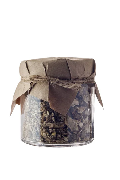 Crushed Dried Mushrooms Transparent Glass Jar Isolated White Container Ground — Stockfoto