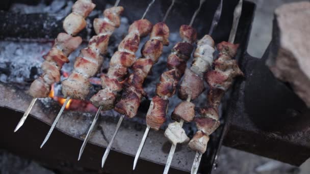 스커어 전통적 돼지고기 고기를 모닥불에서 식탁에 준비를 — 비디오