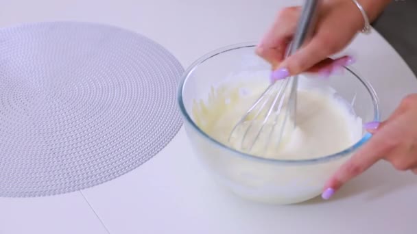 Hands Whipping Egg Whites Manual Whisk Bowl Making Cream Mousse — Stock Video