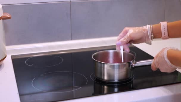 Making Jam Sugar Berries Being Mixed Spoon Saucepot Stove Seasonal — Stock Video