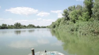 Nehrin güzel manzarası ve motorlu tekne koltuğundan mavi gökyüzü. Suyun üzerinde yüzen sürat teknesi, uçan kuşlar. Yaz tatili, turizm