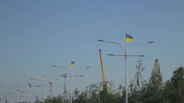 Viele Ukrainische Nationalflaggen Gelb Und Blau Flattern Straßenlaternen Bewölkten Friedlichen — Stockvideo