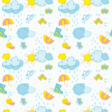 Çocuk temasındaki kusursuz desen, yağmur damlalı bulutlar, güneş ve arka planda bir tekne.