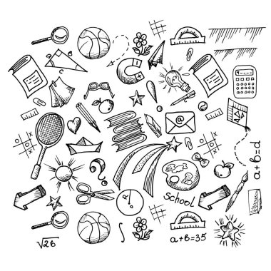 Çalışma ve vektör seti tasarımı için okul tasarımının el çizimi ögeleri