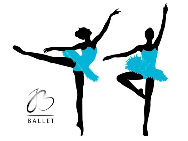 Bailarina Bailarina Siluetas Negras Vestidos Azules Sobre Fondo Blanco — Archivo Imágenes Vectoriales