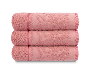 Beyaz arka planda izole edilmiş çeşitli renkler için pamuk banyo havluları.