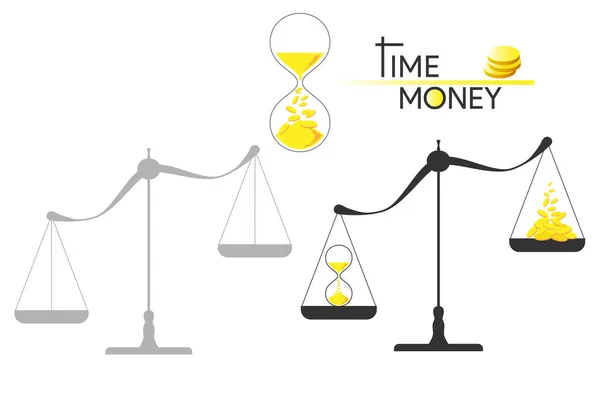 Schematische Vektordarstellung Einer Waage Mit Sanduhr Und Münzen Auf Weißem — Stockvektor
