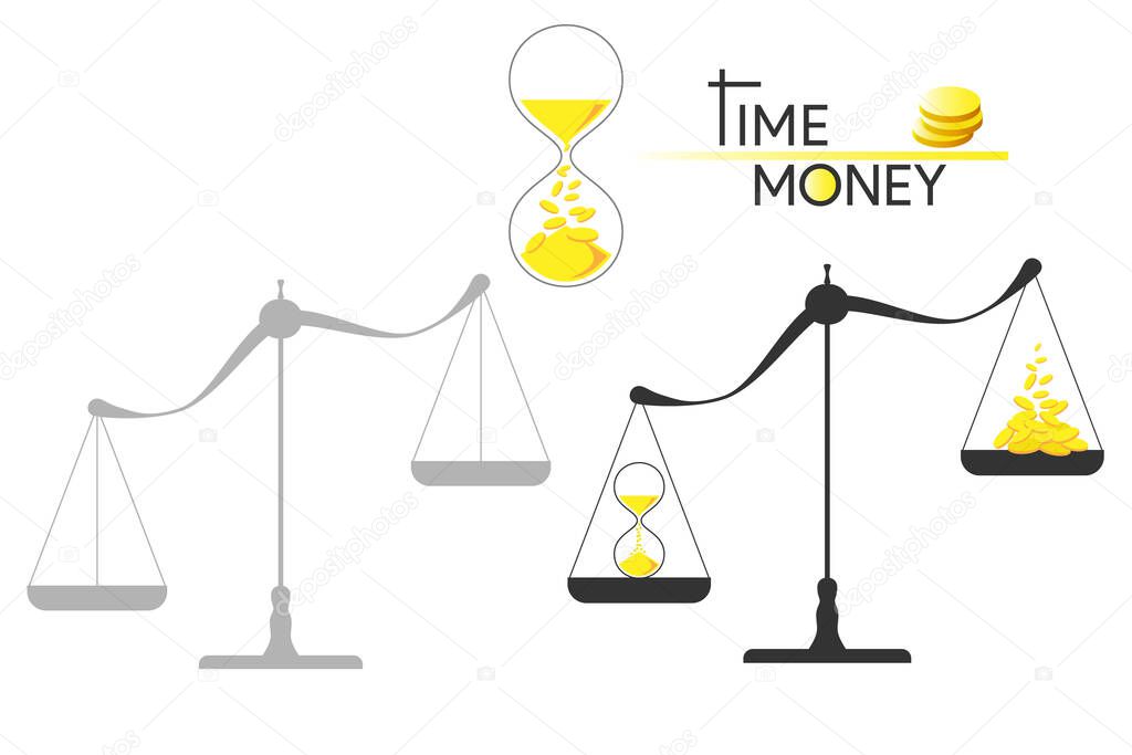 schematic vector image of a scale with an hourglass and coins on a white background