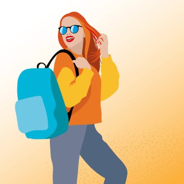 Sırt çantalı güneş gözlüklü kız, vektör çizimi.