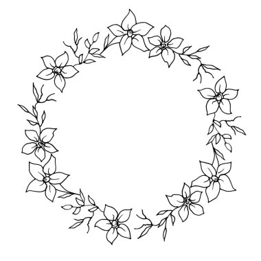 Çiçekli siyah-beyaz yuvarlak çelenk, el yapımı.